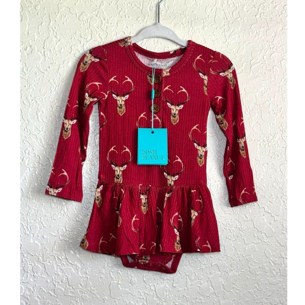 New Posh Peanut Dash Dress Christmas Red Deer Henley Twirl Bodysuit 6-12 Months